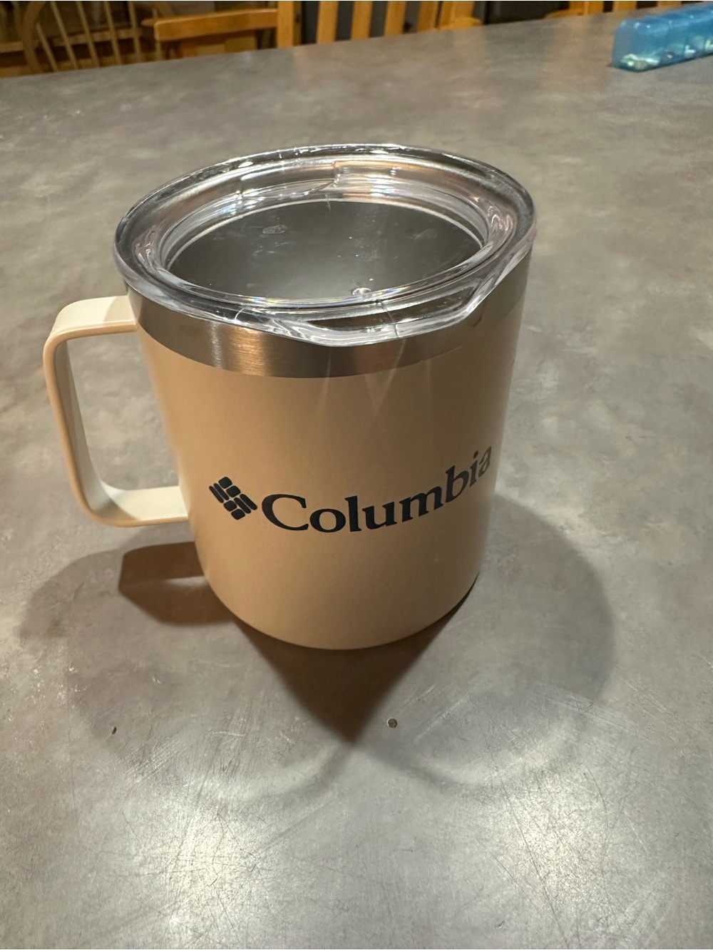 Columbia Cream Travel Mug with Clear Lid and Black Logo